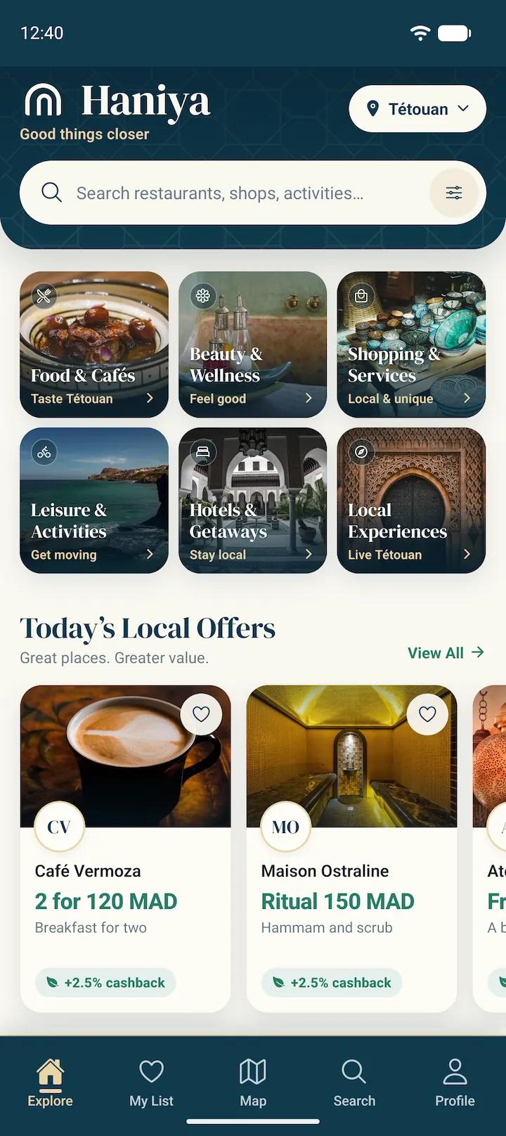 The Haniya app’s Explore screen in Tétouan: search, the six categories and today’s local offers.