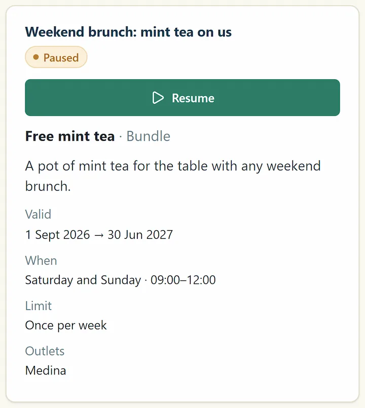 Partner workspace, Offers page: a paused offer with its Resume button, its days and hours, its limit and its outlet.